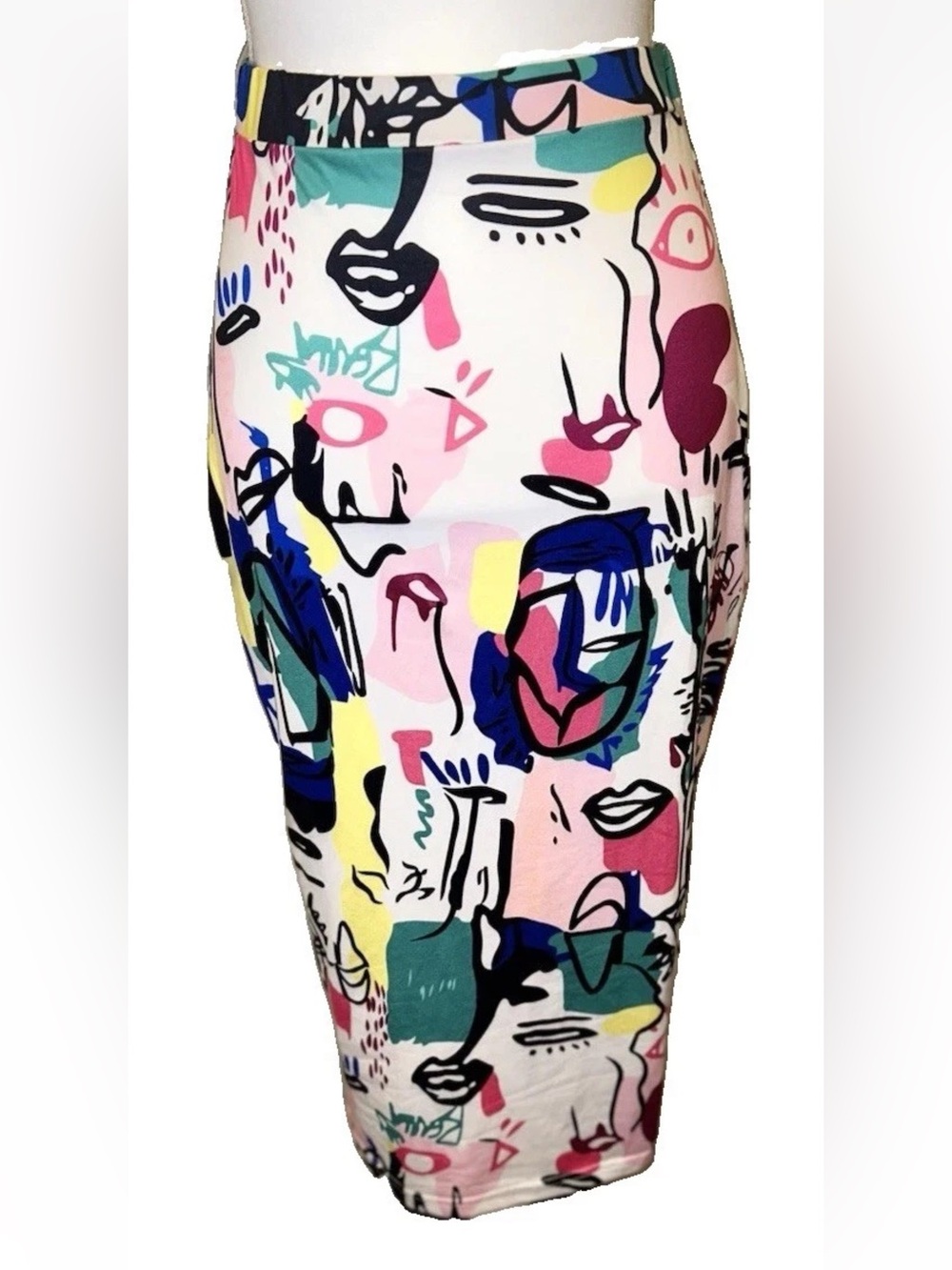 Abstract Face Print Midi Pencil Skirt Pop Art Colorful High Waisted Medium